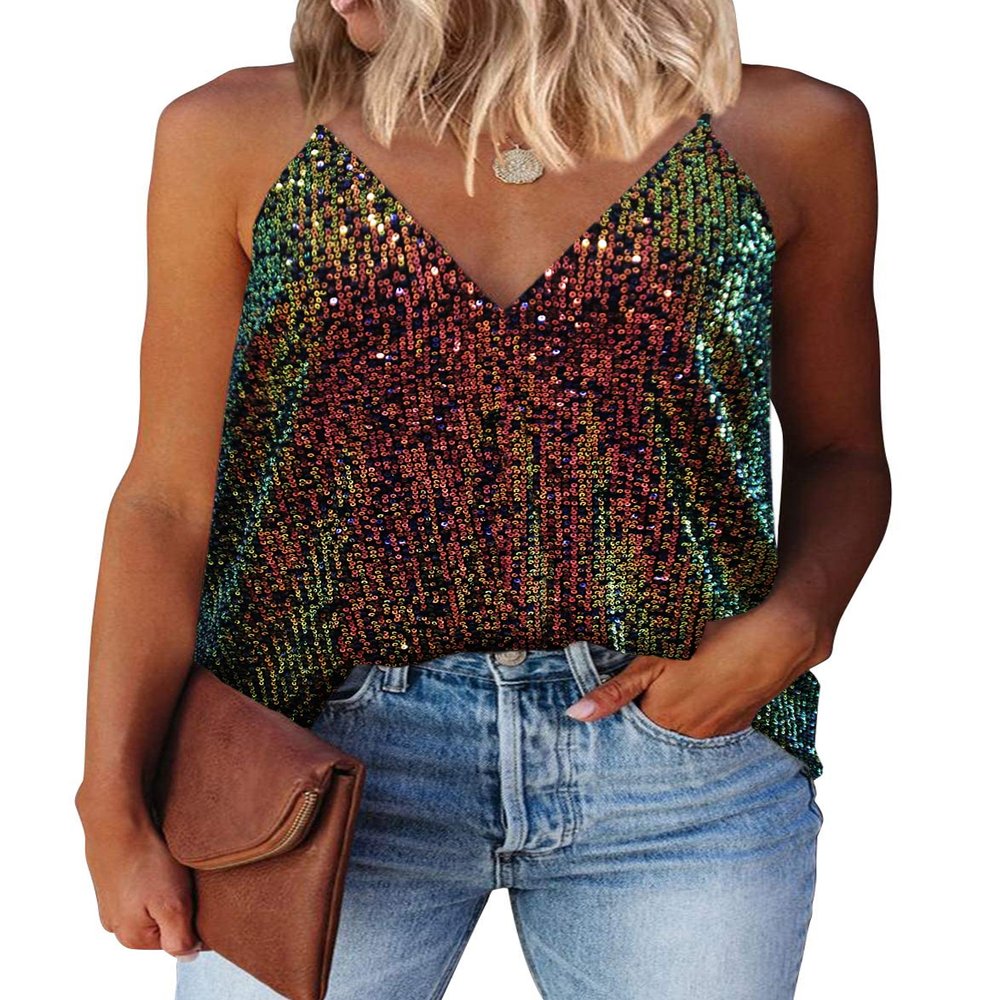 miduo Womens Tank Tops Summer Sparkle Sequin Tops V Neck Halter Cami Shirts Sequin for Holiday XXL Multicoloured