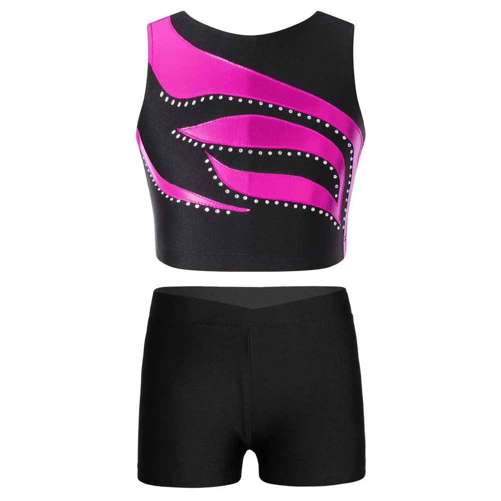Agoky Kids Girls Gymnastics Workout Outfits Shiny Dance Clothes Sports Crop Top with Booty Shorts Active Tracksuit Rose 6 Years