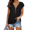 JEsilunmaMY Womens Zip Front T-Shirts Short Sleeve V Neck Summer Top with Shirring Solid Color Loose Casual Zipper Blouses (Black,X-Large) view 1
