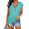 Womens Zip Front T-Shirts Short Sleeve V Neck Summer Top with Shirring Solid Color Loose Casual Zipper Blouses (Blue2,3X-Large) view 1