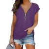 Womens Zip Front T-Shirts Short Sleeve V Neck Summer Top with Shirring Solid Color Loose Casual Zipper Blouses (Purple,Large) view 1