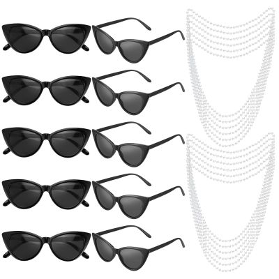 24 Pieces Teal Blue Party Favors Pearl Choker Necklace Sunglasses Set 12 Pieces Round White Pearl Necklace 12 Pieces Black Vintage Narrow Cat Eye Sunglasses for Teal Blue Party Turquoise Party Favors