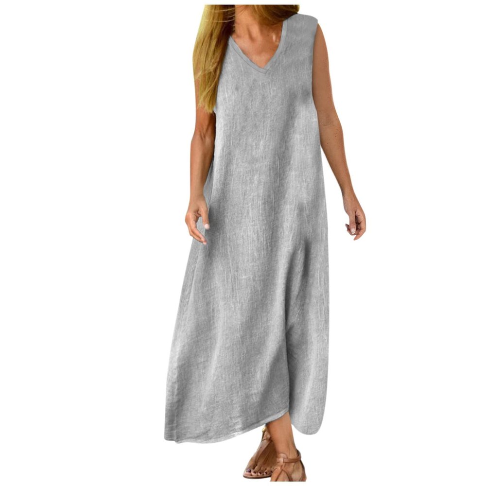 Maxi Dress for Women,2023 Spring Summer Cotton Linen Dress,Ladies Plus Size Boho Beach Flowy Long Dress with Pockets,Casual Trendy Elegant Sleeveless Sundress for Holiday Resort WearA-Gray,L