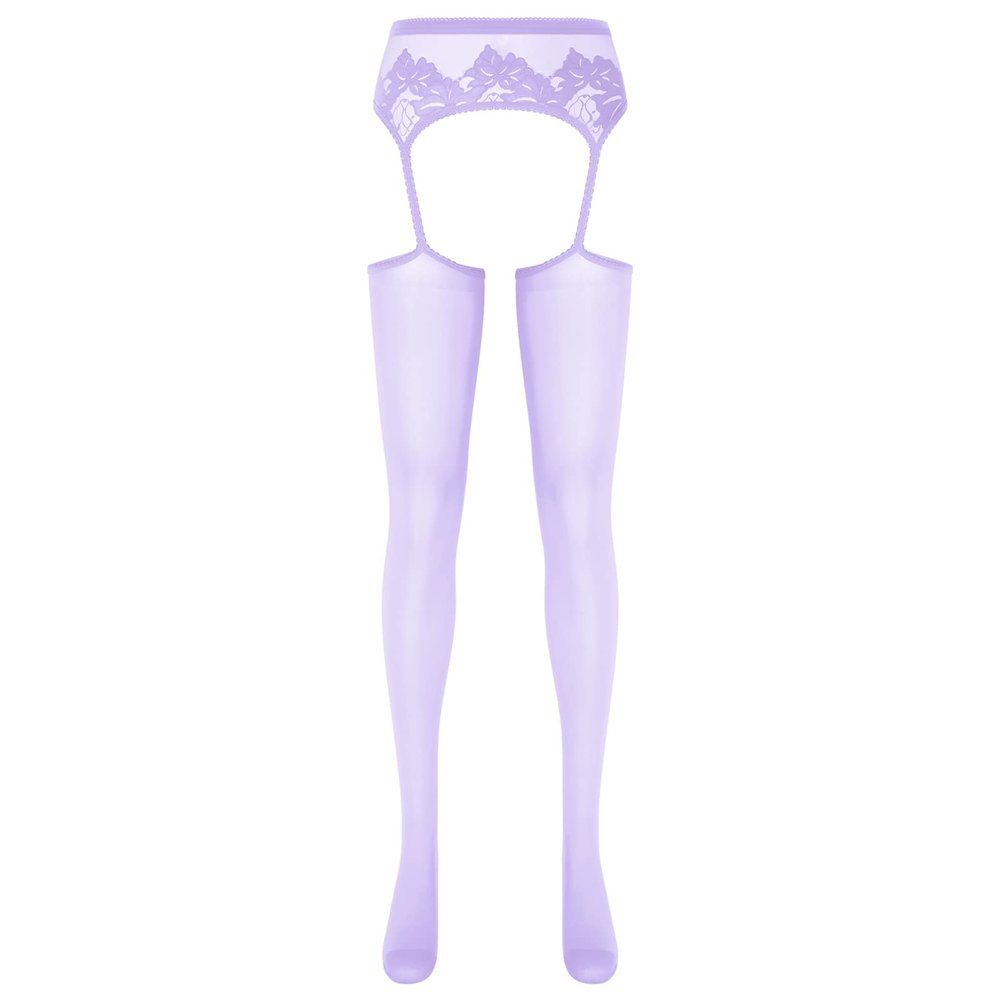YiZYiF Women's Shimmery Oil Shiny Footed Thigh High Sheer Hold Up Pantyhose Stockings Tights Light Purple A One Size