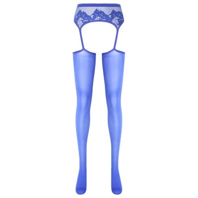 YiZYiF Women's Shimmery Oil Shiny Footed Thigh High Sheer Hold Up Pantyhose Stockings Tights Royal Blue A One Size