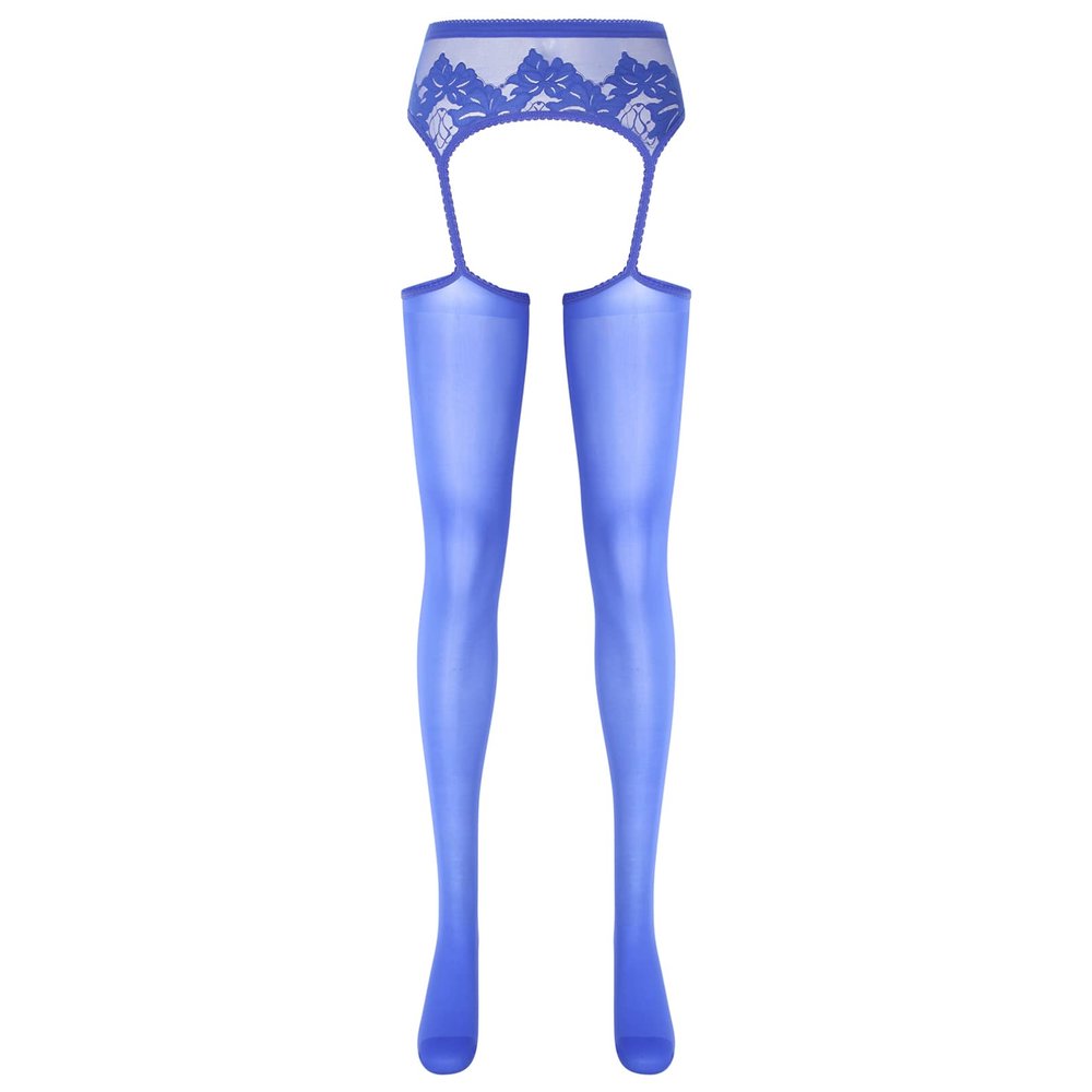 YiZYiF Women's Shimmery Oil Shiny Footed Thigh High Sheer Hold Up Pantyhose Stockings Tights Royal Blue A One Size