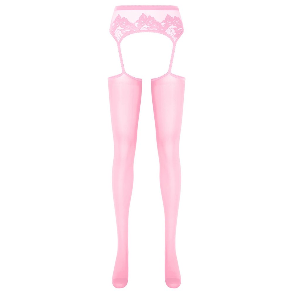 YiZYiF Women's Shimmery Oil Shiny Footed Thigh High Sheer Hold Up Pantyhose Stockings Tights Pink A One Size