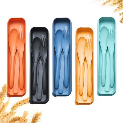 Reusable Travel Utensils Set with Case, 5 Sets Wheat Straw Portable Plastic Fork Spoons Knife Camping Cutlery, Eco-Friendly BPA Free Lunch Tableware for Kids Adults Travel Picnic Utensils