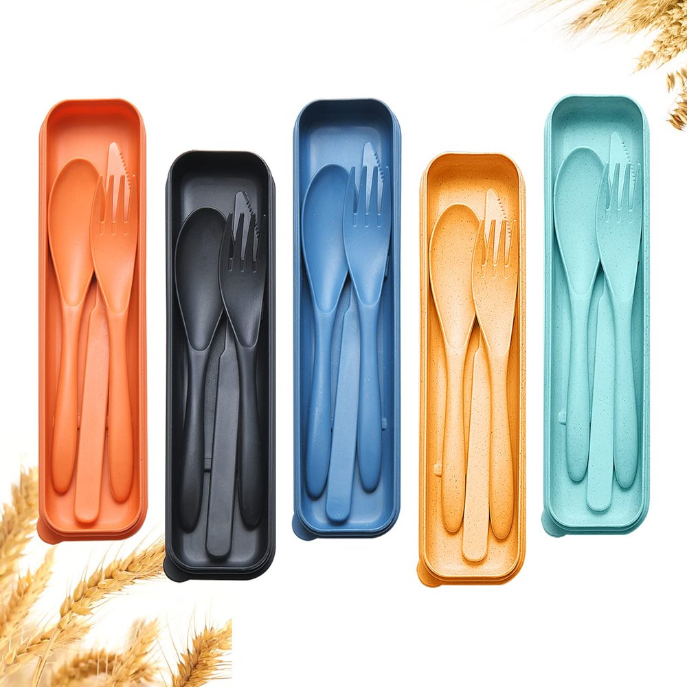 Reusable Travel Utensils Set with Case, 5 Sets Wheat Straw Portable Plastic Fork Spoons Knife Camping Cutlery, Eco-Friendly BPA Free Lunch Tableware for Kids Adults Travel Picnic Utensils