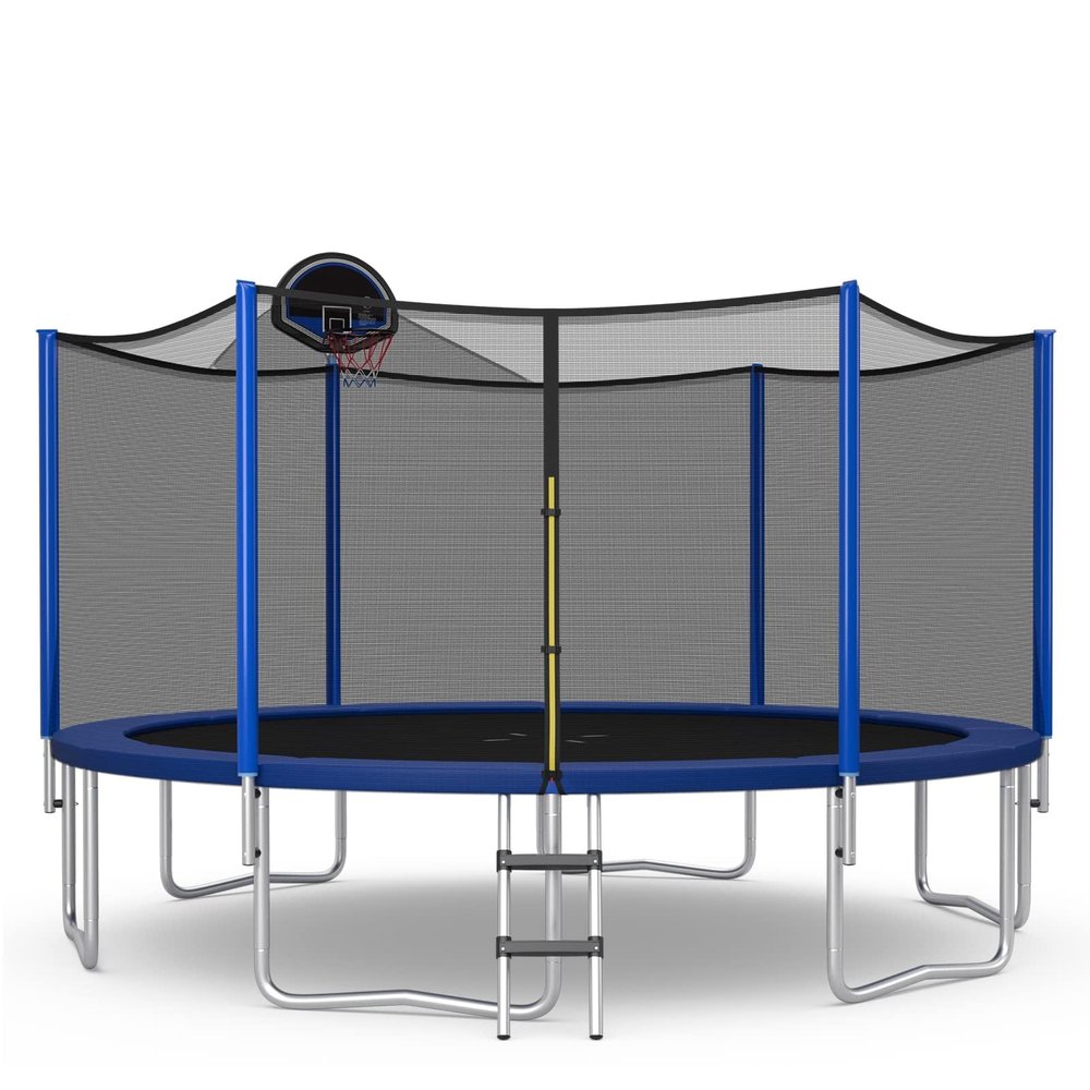Goplus Outdoor Trampoline, 12FT 14FT 15FT 16FT ASTM Approved Trampoline w/Basketball Hoop, Enclosure Net, Safety Pad, Ladder, Recreational Trampoline for Kids and Adults (Internal-Net, 14 FT)