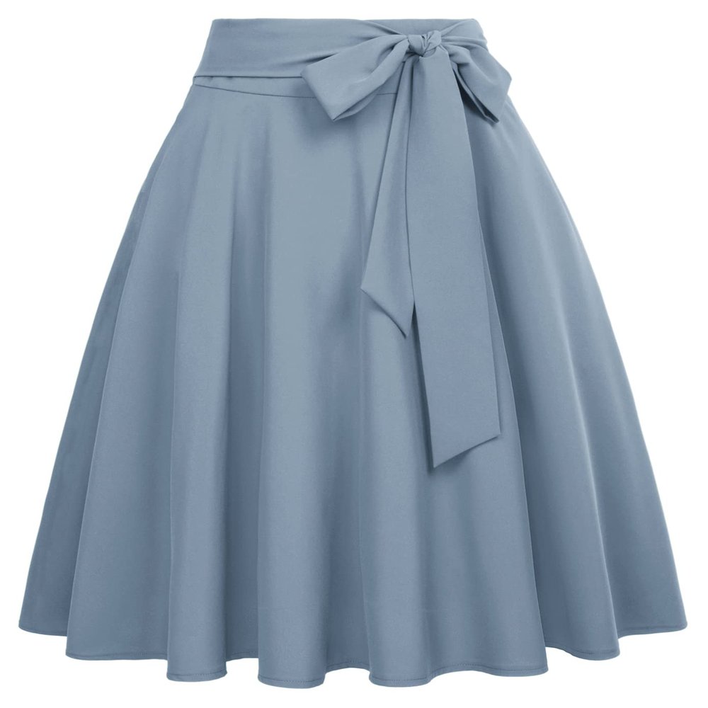Belle Poque Women Blue Gray Skirts High Waisted Midi Flare Skirt with Pockets S