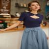 Belle Poque Women Blue Gray Skirts High Waisted Midi Flare Skirt with Pockets S view 3