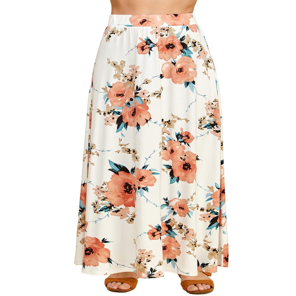 LL WDR1434 Womens Floral Print Maxi Skirt with Elastic Waist Band L White_Floral