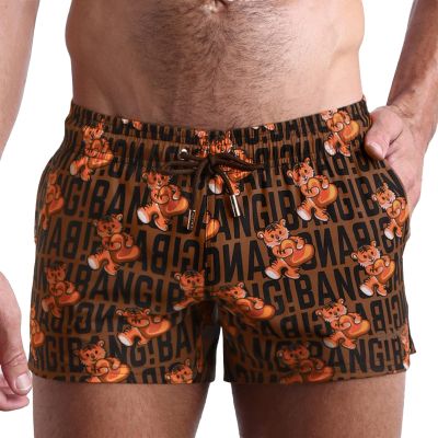 Bang Men's Swimwear Show Shorts - Stretchy Quick-Dry Shorter Length Beach Trunks (Tiger Hearts - L)