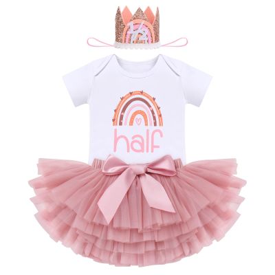 1/2 Birthday Outfit Girl Baby Boho Rainbow Tutu Half Way To One Easter Party Smash Cake Photo Shooting Summer Short Sleeve Cotton Romper Diaper Cover Skirt Crown Hat 3pcs Set Dusty Pink 6 Months