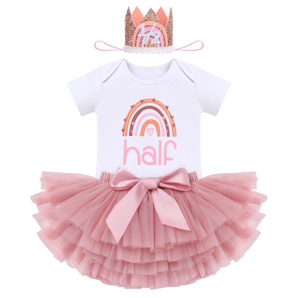 1/2 Birthday Outfit Girl Baby Boho Rainbow Tutu Half Way To One Easter Party Smash Cake Photo Shooting Summer Short Sleeve Cotton Romper Diaper Cover Skirt Crown Hat 3pcs Set Dusty Pink 6 Months