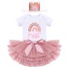 1/2 Birthday Outfit Girl Baby Boho Rainbow Tutu Half Way To One Easter Party Smash Cake Photo Shooting Summer Short Sleeve Cotton Romper Diaper Cover Skirt Crown Hat 3pcs Set Dusty Pink 6 Months view 1