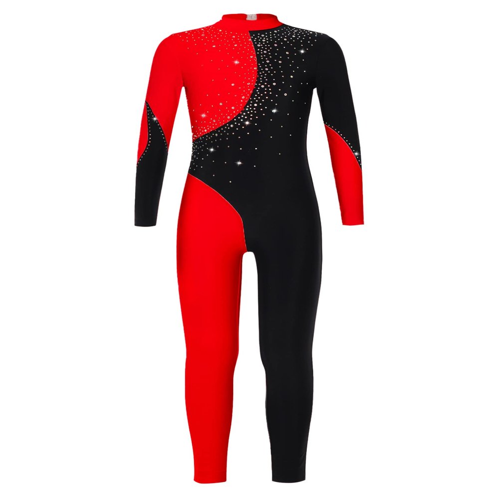 Oyolan Kids Girls Rhinestones Long Sleeves Full Body Jumpsuit Romper Leotard Unitard for Ballet Dance Gymnastics Black&Red 16 Years