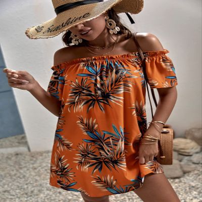 AIEBO Dresses for Women Dress Women's Dress Tropical Print Off Shoulder Frill Trim Dress Dresses (Size : X-Small)