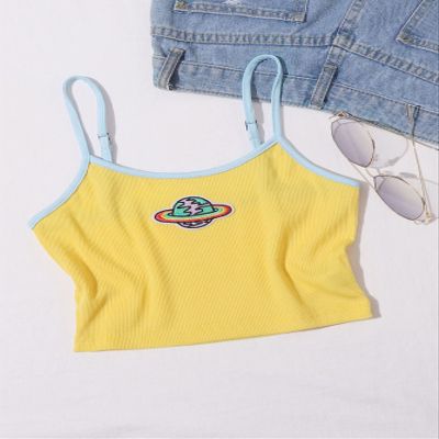 GLOPUK Women's Tops Sexy Tops for Women Shirts Contrast Binding Planet Patched Cami Top Shirts for Women (Color : Yellow, Size : Large)