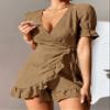 Women's Dress Dresses for Women Surplice Neck Knot Side Ruffle Trim Wrap Dress Dress (Color : Khaki, Size : Medium) view 1