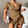 Women's Dress Dresses for Women Surplice Neck Knot Side Ruffle Trim Wrap Dress Dress (Color : Khaki, Size : Medium) view 3