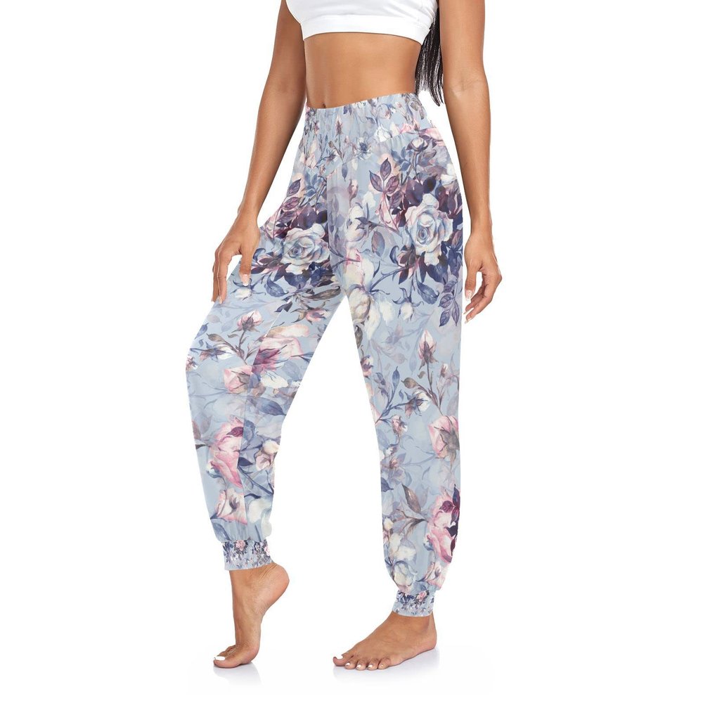 Aflyko Floral Women Dance Pants Floral Rose Vintage Purple Boho Trousers Yoga Hip Hop Sweatpants Breathable Lounge Harem Pants M