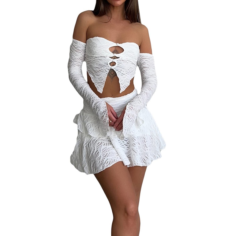 Doloame Women Sexy Bodycon Mini Skirt Set Summer Long Sleeve Tube Tops Bodycon Mini Skirts 2PCS Set Streewear(AAWhite,Medium)