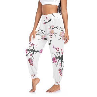 Aflyko Floral Women Dance Pants Cherry Blossom Sakura Boho Trousers Yoga Sweatpants Moisture-Wicking Casual Sportwear Harem Pants L