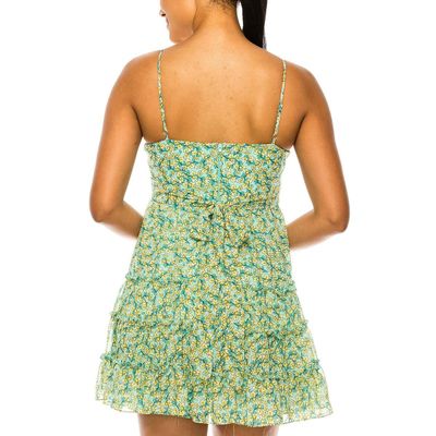 B Darlin Womens Green Zippered Sheer Tiered Skirt Lined Floral Spaghetti Strap V Neck Short Party Fit + Flare Dress Juniors 1