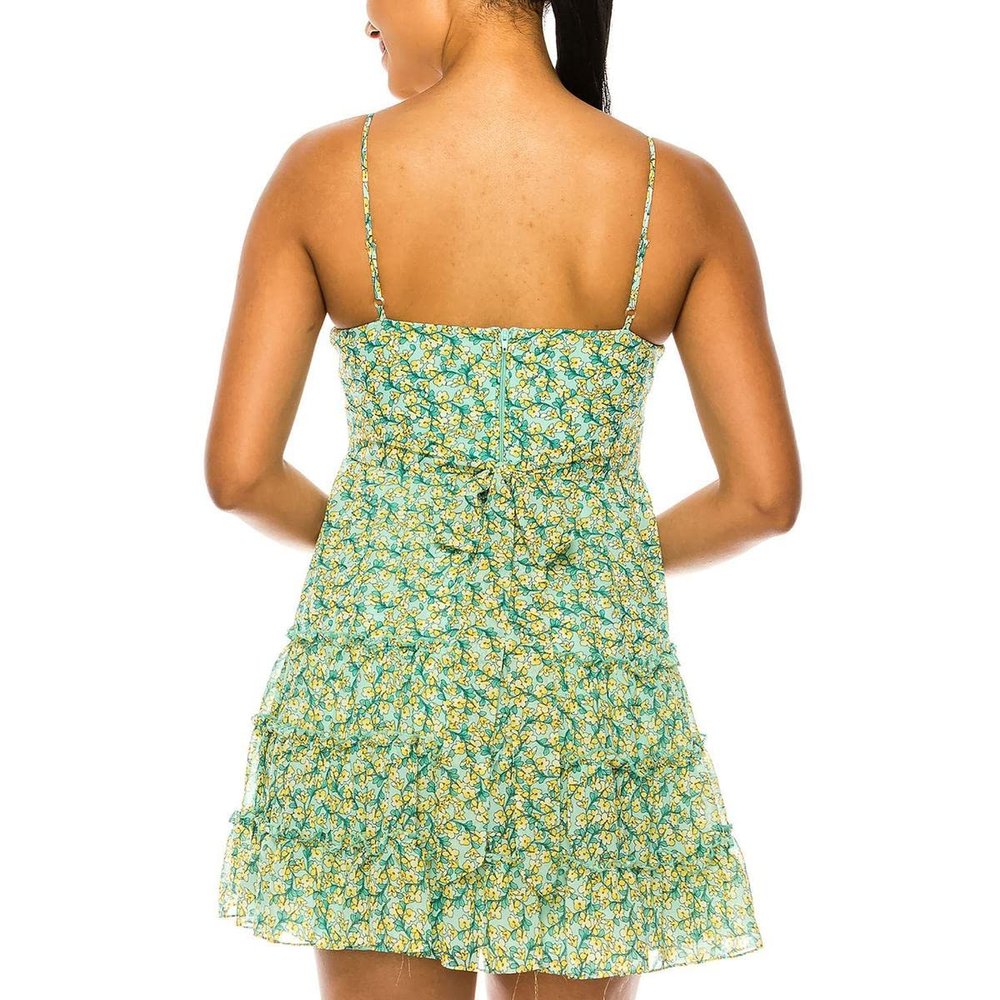 B Darlin Womens Green Zippered Sheer Tiered Skirt Lined Floral Spaghetti Strap V Neck Short Party Fit + Flare Dress Juniors 1