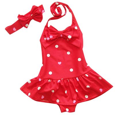 Girls Patriotic Swimsuit Headband Beach Swimwear Baby Girls Circle Bowknot Toddler Swimsuits for Girls (Red, 3-4 Years)