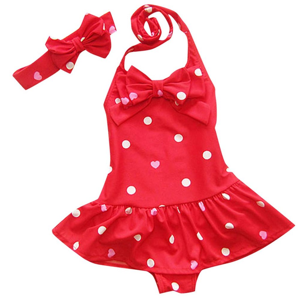 Girls Patriotic Swimsuit Headband Beach Swimwear Baby Girls Circle Bowknot Toddler Swimsuits for Girls (Red, 3-4 Years)