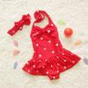 Girls Patriotic Swimsuit Headband Beach Swimwear Baby Girls Circle Bowknot Toddler Swimsuits for Girls (Red, 3-4 Years) view 2