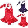 Girls Patriotic Swimsuit Headband Beach Swimwear Baby Girls Circle Bowknot Toddler Swimsuits for Girls (Red, 3-4 Years) view 3