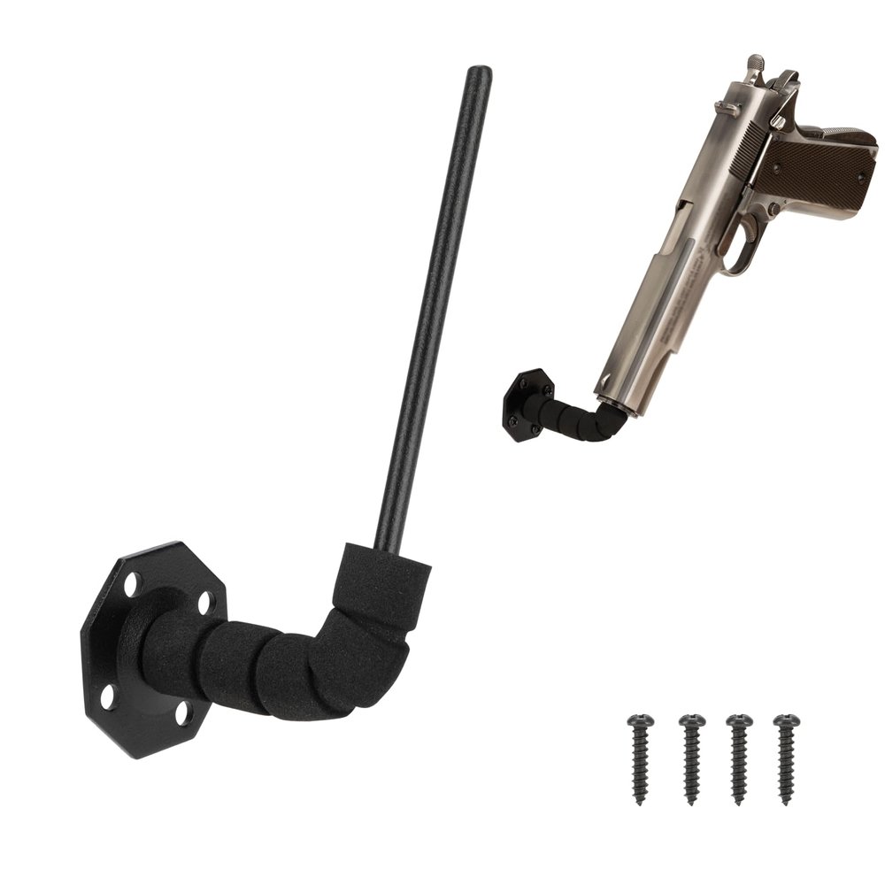 LOIUO 90 Degree Handgun Hanger in Barrel Pistol Storage Concealed Gun Holder Rack for Indoor Storage Display,Multi Surfaces Mounted 0.2" Dia (1 Pack)