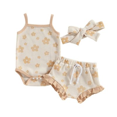 LIOMENGZI Newborn Baby Girl Summer Floral Clothes Outfit Set Fly Sleeve Solid Romper Tops Drawstring Short Headband Clothes Set (Beige-T, 0-3 Months)