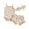 LIOMENGZI Newborn Baby Girl Summer Floral Clothes Outfit Set Fly Sleeve Solid Romper Tops Drawstring Short Headband Clothes Set (Beige-T, 0-3 Months) view 1