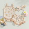 LIOMENGZI Newborn Baby Girl Summer Floral Clothes Outfit Set Fly Sleeve Solid Romper Tops Drawstring Short Headband Clothes Set (Beige-T, 0-3 Months) view 3