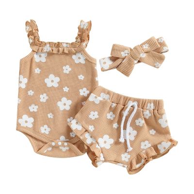 LIOMENGZI Newborn Baby Girl Summer Floral Clothes Outfit Set Fly Sleeve Solid Romper Tops Drawstring Short Headband Clothes Set (Khaki-B, 3-6 Months)
