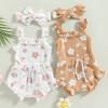 LIOMENGZI Newborn Baby Girl Summer Floral Clothes Outfit Set Fly Sleeve Solid Romper Tops Drawstring Short Headband Clothes Set (Khaki-B, 3-6 Months) view 2