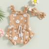 LIOMENGZI Newborn Baby Girl Summer Floral Clothes Outfit Set Fly Sleeve Solid Romper Tops Drawstring Short Headband Clothes Set (Khaki-B, 3-6 Months) view 3