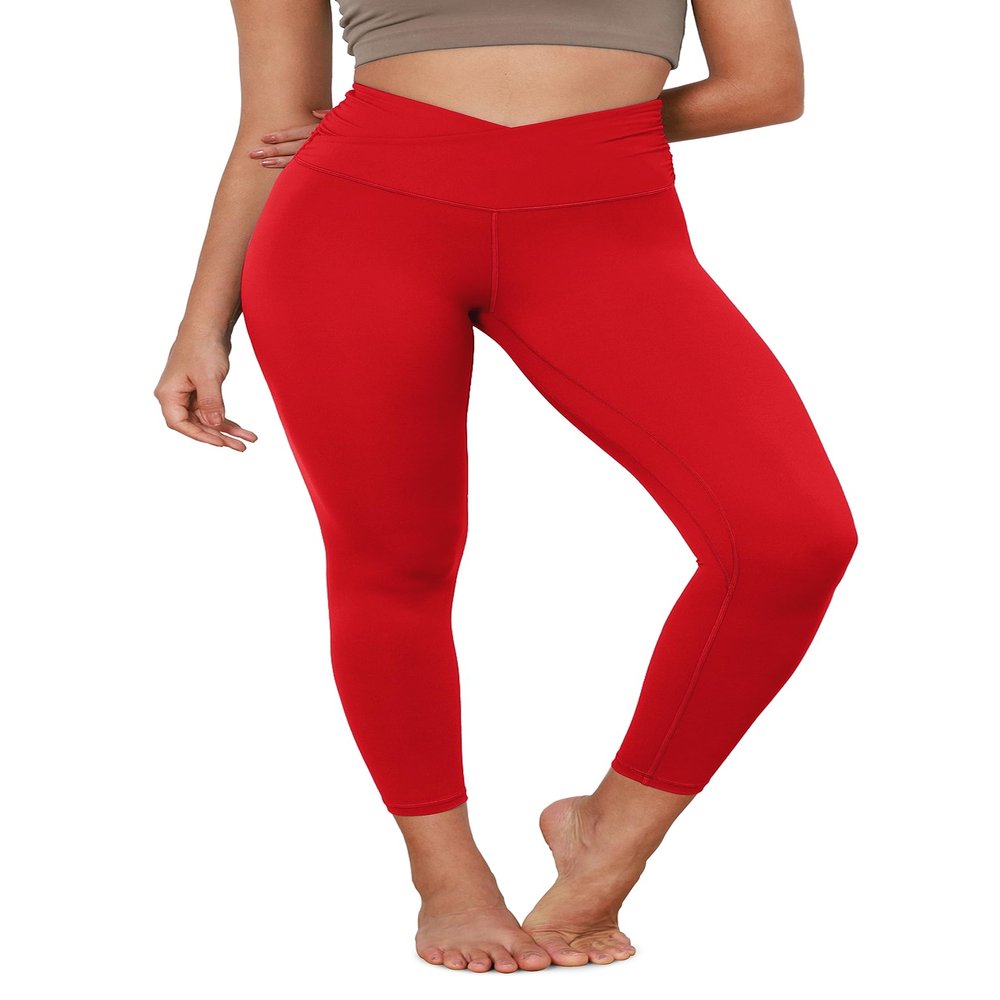 ODODOS Women's Cross Waist 7/8 Yoga Leggings with Inner Pocket, Inseam 25" Gathered Crossover Workout Yoga Pants, Red, Small