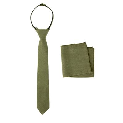 Spring Notion Boys' Linen Blend Zipper Necktie and Pocket Square Set, Olive Small