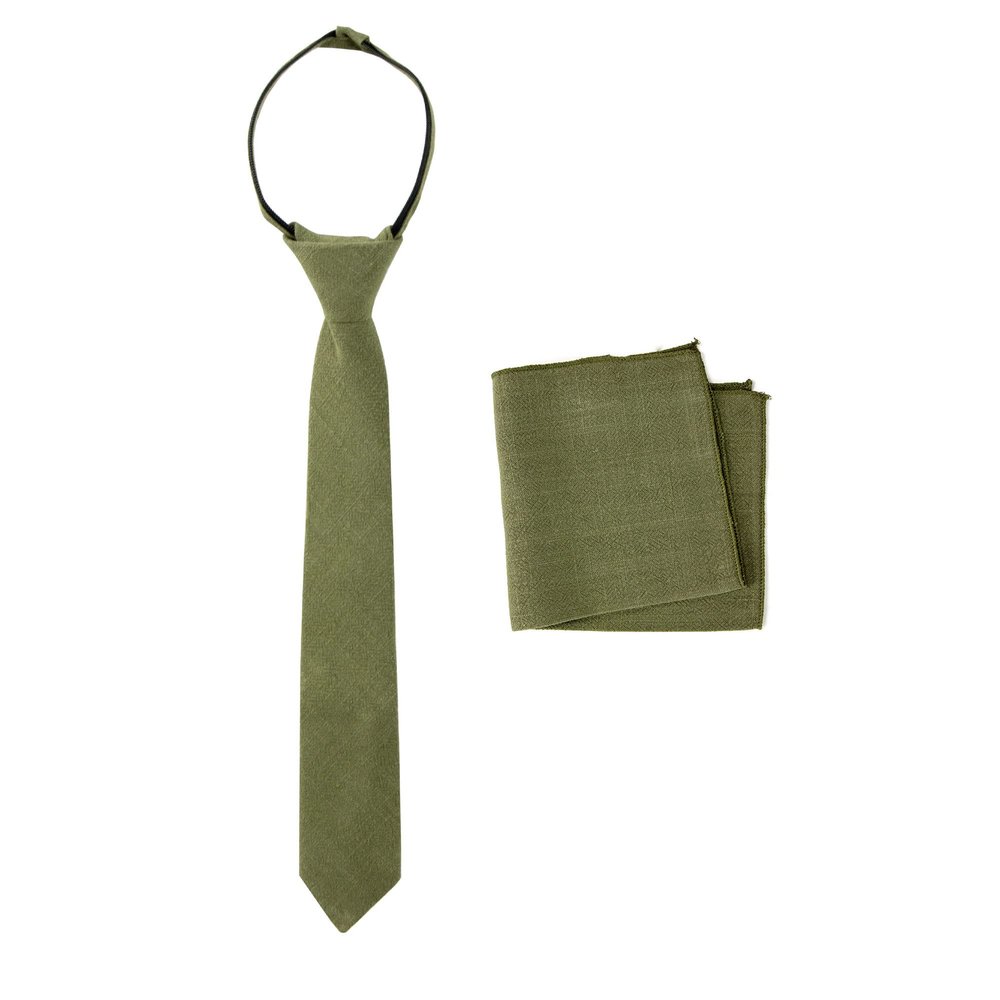 Spring Notion Boys' Linen Blend Zipper Necktie and Pocket Square Set, Olive Small