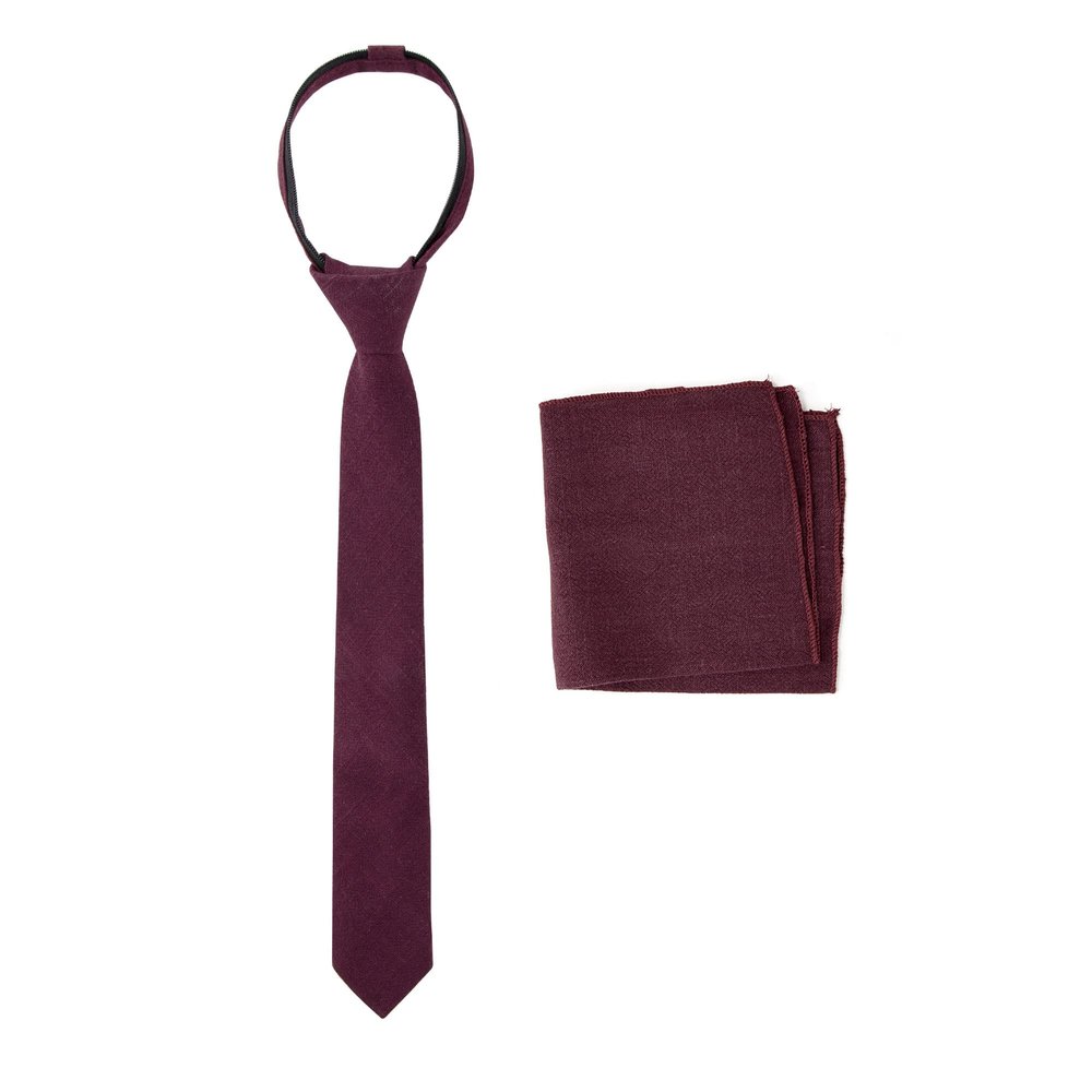 Spring Notion Boys' Linen Blend Zipper Necktie and Pocket Square Set, Wine Large