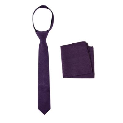Spring Notion Boys' Linen Blend Zipper Necktie and Pocket Square Set, Plum Large