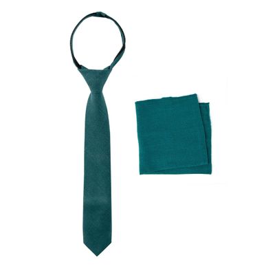 Spring Notion Boys' Linen Blend Zipper Necktie and Pocket Square Set, Teal Small