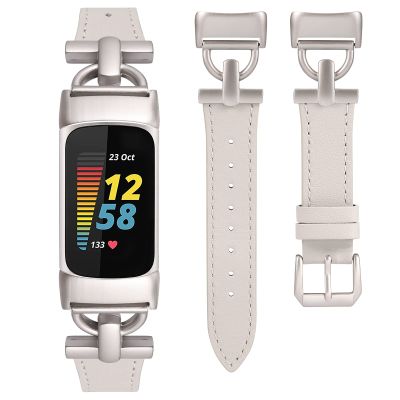 Wearlizer Leather Band Compatible with Fitbit Charge 6 Bands/Charge 5 Bands for Women, Dressy Slim Leather Strap Replacement Wristband with D-Shape Metal Buckle for Fitbit Charge 5/Charge 6 Band