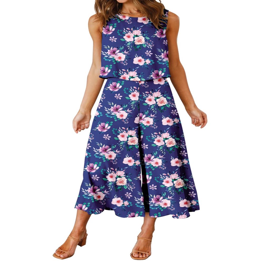ROYLAMP Women's Summer 2 Piece Outfits Round Neck Crop Basic Top Cropped Wide Leg Pants Set Jumpsuits Blue Floral L